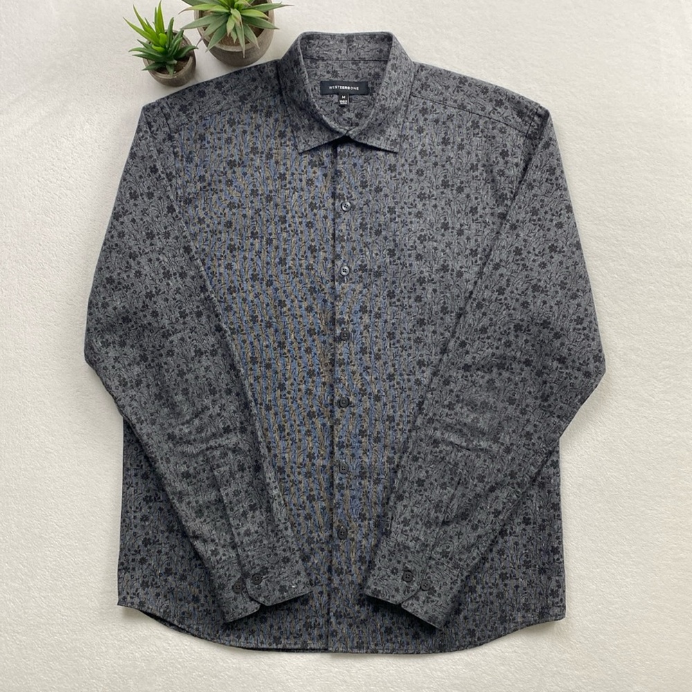 Westzeroone Alfred Floral Pattern Woven Long Sleeve Button Up Shirt (Gray/Black)